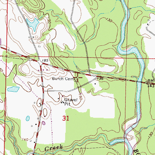 Topographic Map of Burch Cemetery, MS