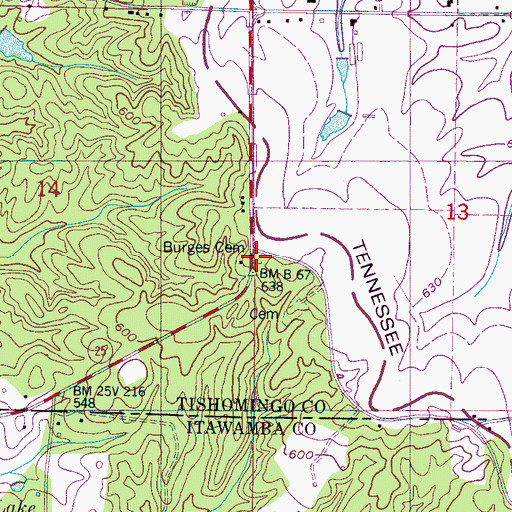 Topographic Map of Burges Cemetery, MS