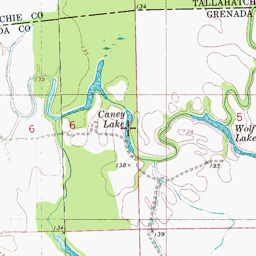Topographic Map of Caney Lake, MS