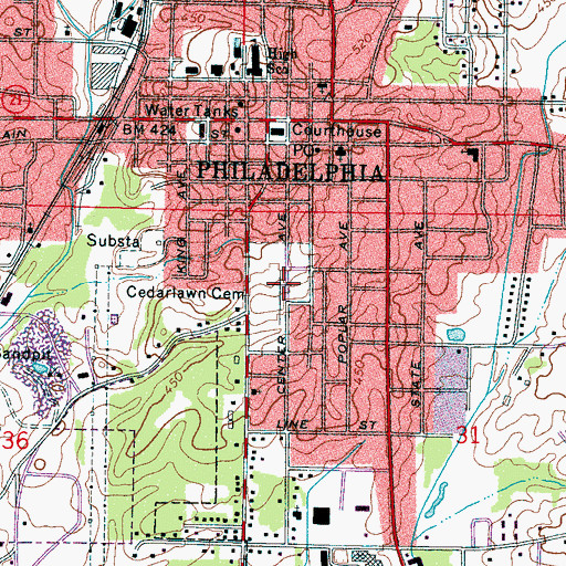 Topographic Map of Cedarlawn Cemetery, MS