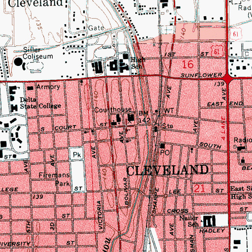 Topographic Map of Cleveland, MS