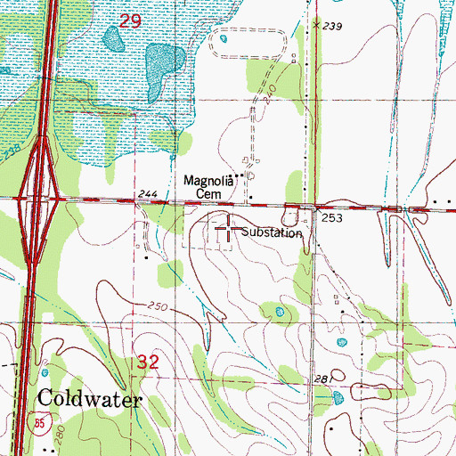 Topographic Map of Coldwater Cemetery, MS