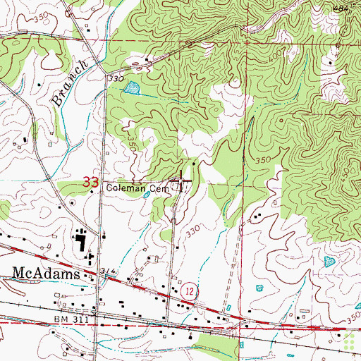 Topographic Map of Coleman Cemetery, MS