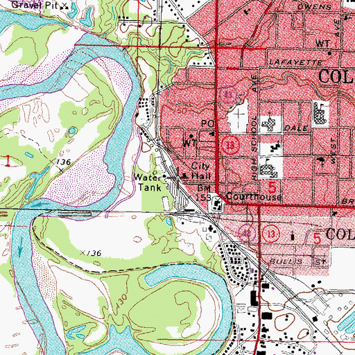 Topographic Map of Columbia, MS