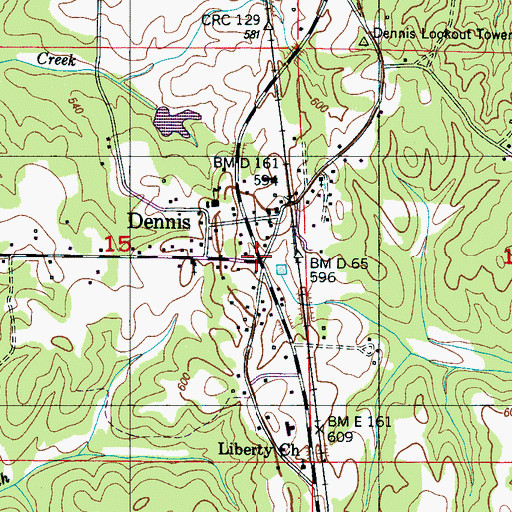 Topographic Map of Dennis, MS