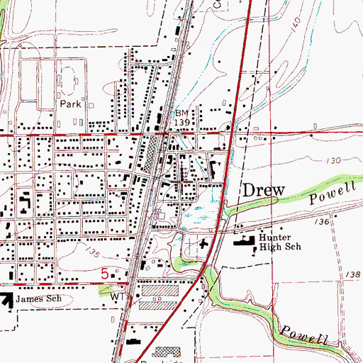 Topographic Map of Drew, MS