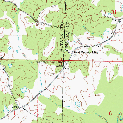 Topographic Map of East County Line Cemetery, MS