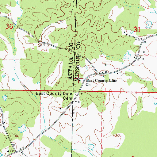 Topographic Map of East County Line Church, MS