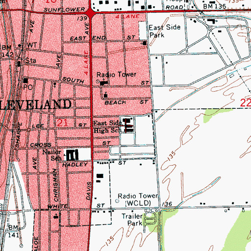 Topographic Map of East Side High School, MS