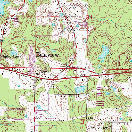 Topographic Map of Eastview, MS