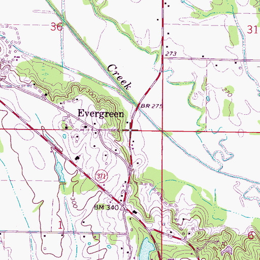 Topographic Map of Evergreen, MS