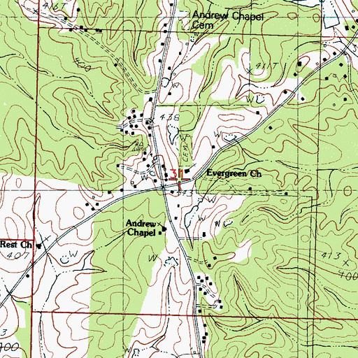 Topographic Map of Evergreen Church, MS