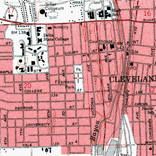 Topographic Map of Firemans Park, MS
