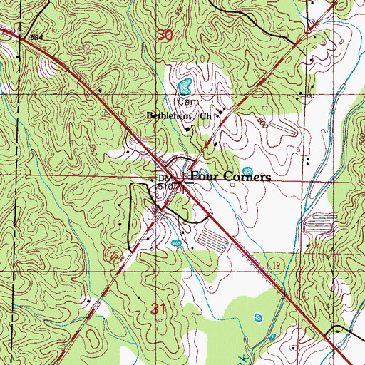 Topographic Map of Four Corners, MS