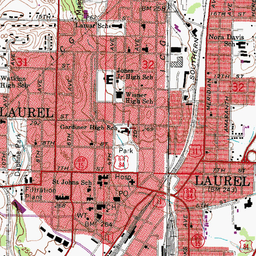 Topographic Map of Gardiner High School, MS