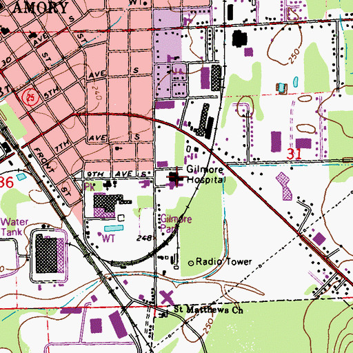 Topographic Map of Gilmore Memorial Hospital, MS