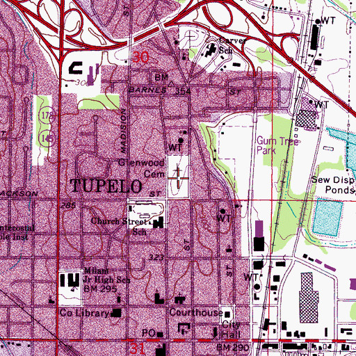 Topographic Map of Glenwood Cemetery, MS