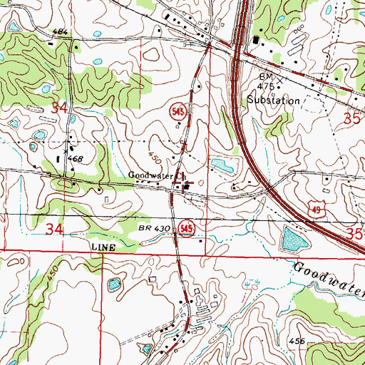 Topographic Map of Goodwater Church, MS