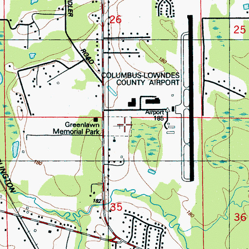 Topographic Map of Greenlawn Memorial Park, MS