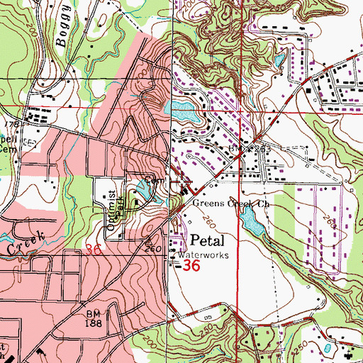 Topographic Map of Greens Creek Baptist Church, MS