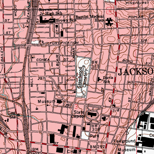 Topographic Map of Greenwood Cemetery, MS