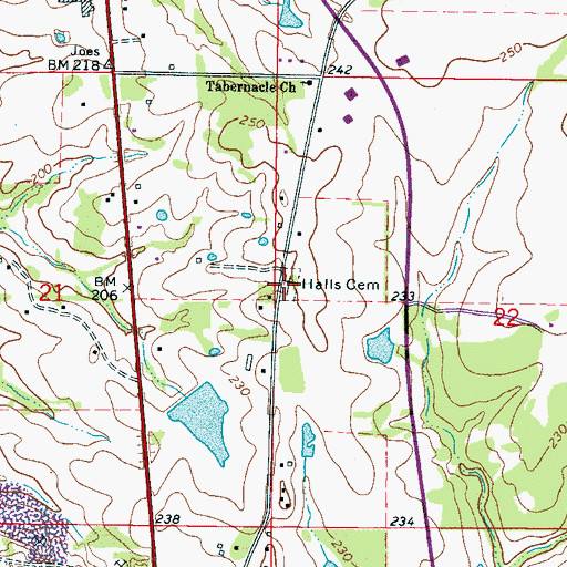 Topographic Map of Halls Cemetery, MS