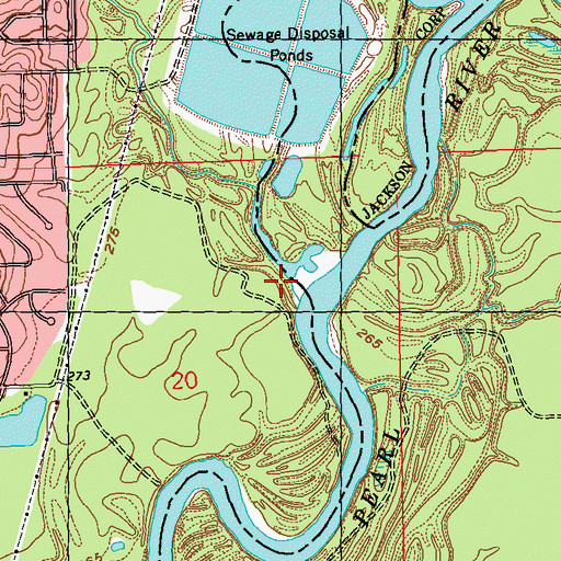 Topographic Map of Hanging Moss Creek, MS
