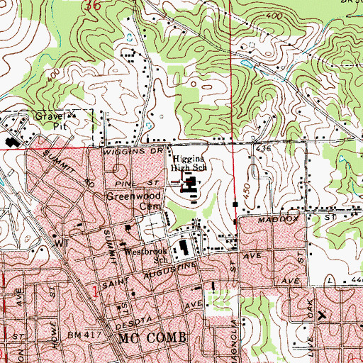 Topographic Map of Higgins High School, MS