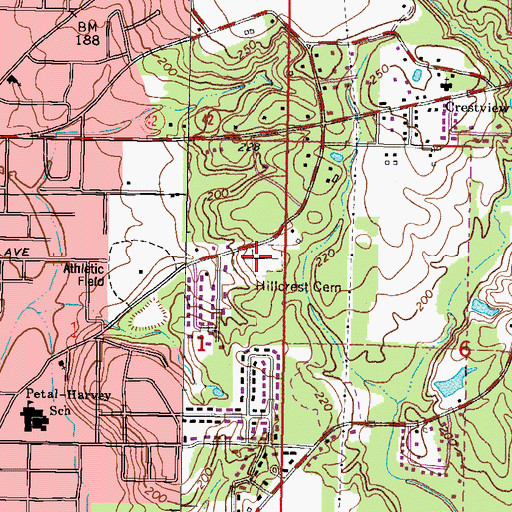 Topographic Map of Hillcrest Cemetery, MS