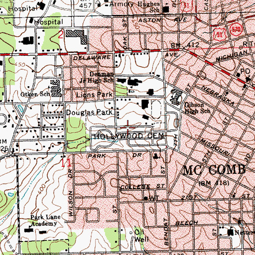 Topographic Map of Hollywood Cemetery, MS