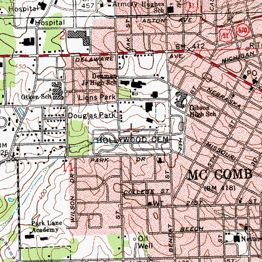 Topographic Map of Hollywood Cemetery, MS