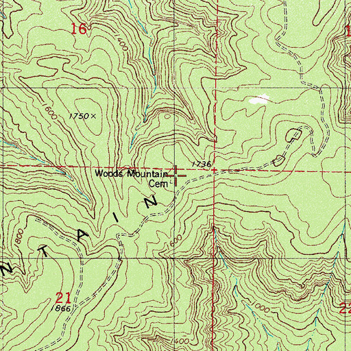 Topographic Map of Woods Mountain Cemetery, AR