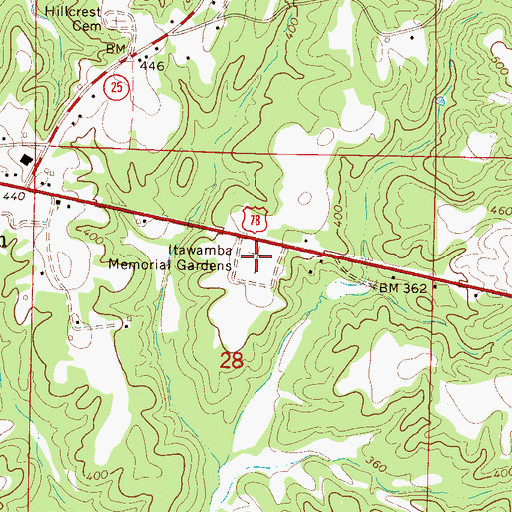 Topographic Map of Itawamba Memorial Gardens, MS