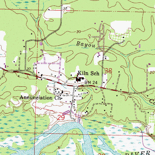 Topographic Map of Kiln School, MS