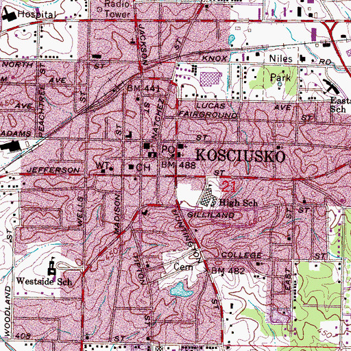 Topographic Map of Kosciusko, MS