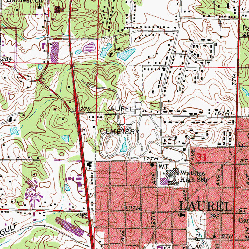 Topographic Map of Laurel Cemetery, MS