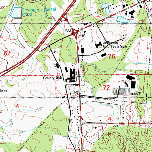 Topographic Map of Liddell High School, MS