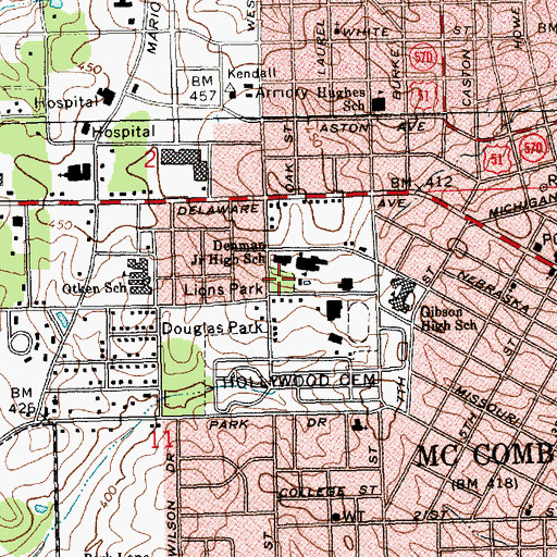 Topographic Map of Lions Park, MS