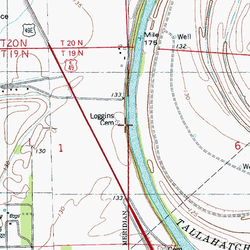 Topographic Map of Loggins Cemetery, MS