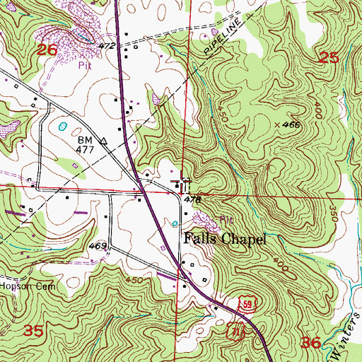 Topographic Map of Falls Chapel Cemetery, AR