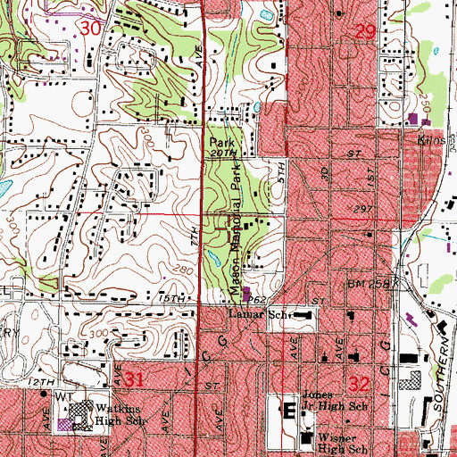 Topographic Map of Mason Memorial Park, MS