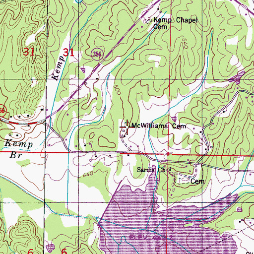 Topographic Map of McWilliams Cemetery, MS