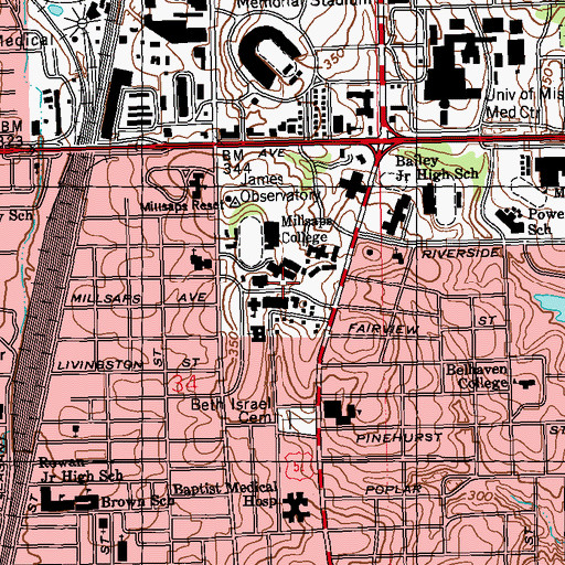 Topographic Map of Millsaps College, MS