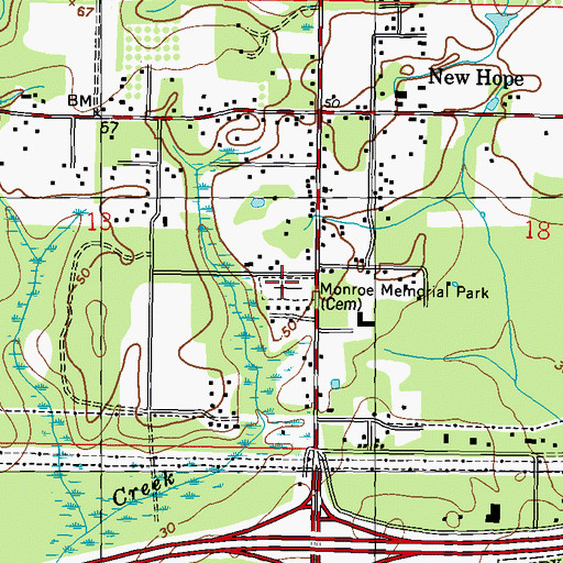 Topographic Map of Monroe Memorial Park, MS