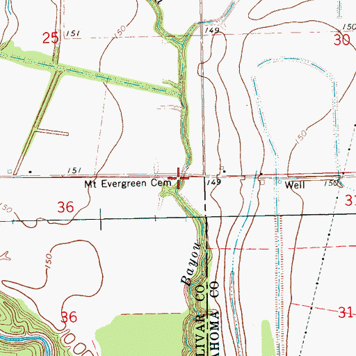 Topographic Map of Mount Evergreen Cemetery, MS