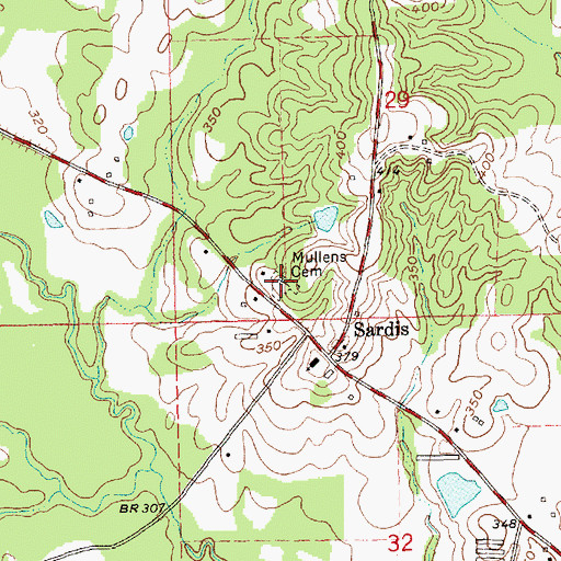 Topographic Map of Mullens Cemetery, MS