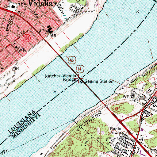 Topographic Map of Natchez-Vidalia Bridge, MS