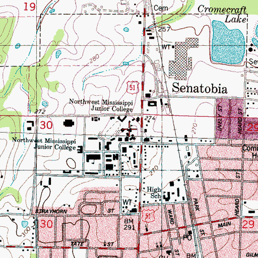 Topographic Map of Northwest Mississippi Community College, MS