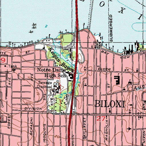 Topographic Map of Notre Dame High School, MS