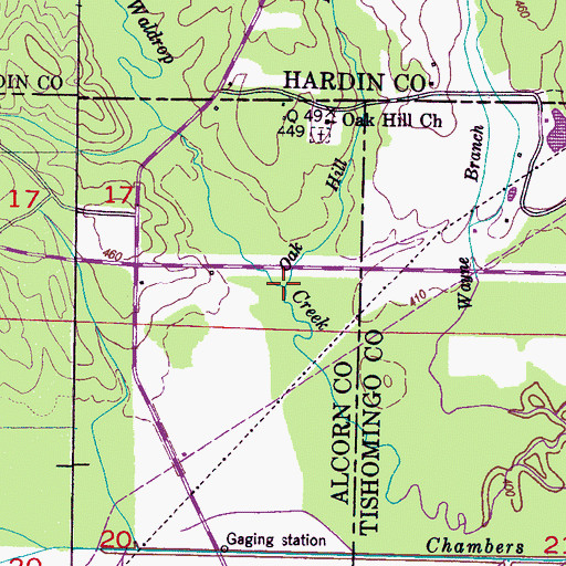 Topographic Map of Oak Hill Branch, MS